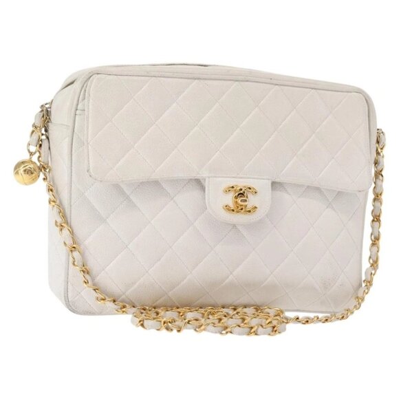 CHANEL Matelasse Chain Shoulder Bag Grained Calf Skin White Gold CC Auth 148356 - Picture 1 of 16